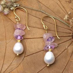 'Gold-Plated Cultured Pearl Amethyst and Rose Quartz Earrings'