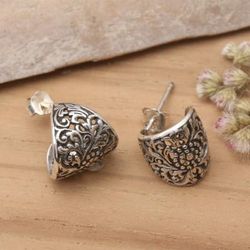 'Silver Half-Hoop Earrings with Balinese Floral Swirl Motifs'