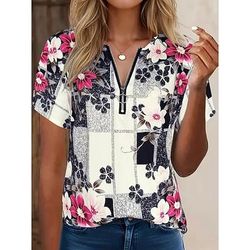 Pasqua Per donna Maglietta Zip a un quarto Floreale Grafico Piante Vintage Tropicale Hawaiano Manica Corta Girocollo Top Regolari Matrimonio in Spiaggia Quotidiano Sportivo Blu Nero Rosa Estate