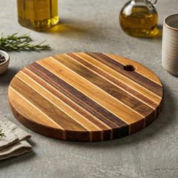 'Round Striped Hand-Carved Wood Cutting and Charcuterie Board'