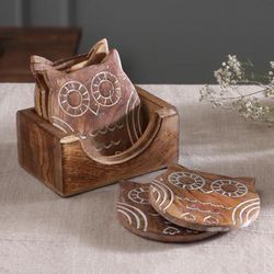 Owl Drinks,'Owl-Themed 7-Piece Carved Mango Wood Coaster and Box Set'