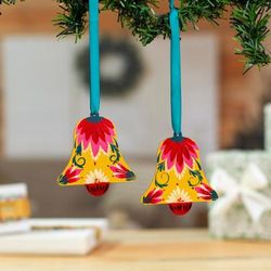 'Floral Hand-Painted Yellow and Red Wood Bell Ornament Pair'