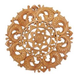 'Hand-Carved Suar Wood Lotus Flower Relief Panel from Bali'