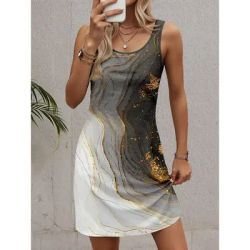 Robe mini sans manches à col rond pour femme, imprimé, rouge, violet, vert, gris, robe décontractée ample pour les vacances d'été et le quotidien