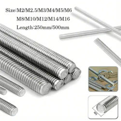 M2 M2.5 M3 M4 M5-M16 Full Threaded Rod Fullys Metric Thread Rods Shaft Bar Screws 304Stainless Steel Bolt Stud 250/500mm