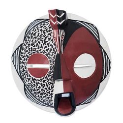 'Artisan-Made Red Sese Wood and Ceramic Bird African Mask'
