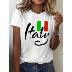 Haut à manches décontracté imprimé pour femmes, [haut tendance imprimé italien], t-shirt d'été italien pour le jour de l'indépendance
