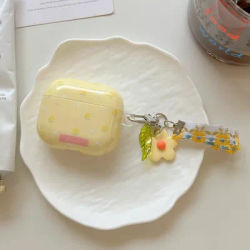 Korean Style Yellow Floral Flowers With Pendant Glossy Surface Earphones Cover Case for AirPods 1 or 2 3 4 Pro Pro2 Pro3 ﻿