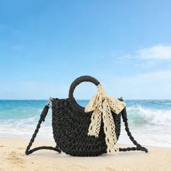 Sac panier en osier tendance pour femme, sac à bandoulière unique, sac en herbe tressé fait main, style décontracté pour le voyage, petit sac rond