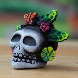'Day of the Dead-Themed Painted Frida Skull Ceramic Figurine'