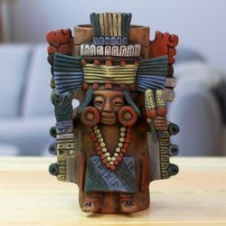Maya Urn,'Hand-Painted Folk Art Maya Ceramic Decorative Vase'