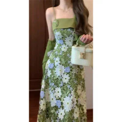 Robe à bretelles vertes creuses en dentelle romantique française Mint Jasmine