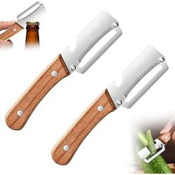 Confezione da 2 pelapatate con manico in legno e apribottiglie: utensile da cucina 2 in 1 in acciaio inox per frutta, mele, patate, zucche e papaya.