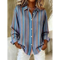 Per donna Camicia Blusa Patchwork Bottoni Stampato Grafico Geometrico Vintage Tropicale Quotidiano Manica Lunga Colletto a Camicia Top Regolari Quotidiano Blu Estate Primavera