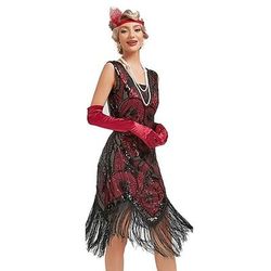 Anni Ruggenti Anni 1920 Lunghezza al ginocchio Vestito Abito Flapper Abiti Senza maniche Il grande Gatsby Paillettes Frangia con nappe Geometrico Scollo a V Costume Per donna Halloween Festa serale