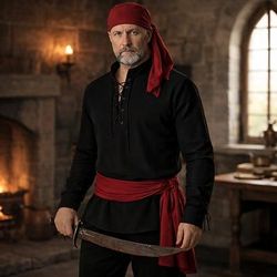 Set Retrò Vintage Medievale Rinascimento Copricapo Cintura in Vita Camicia con accessori Lunghe Pirata Girocollo Costume Per uomo Halloween Carnevale Fiera Rinascimentale LARP Adulti Camicia