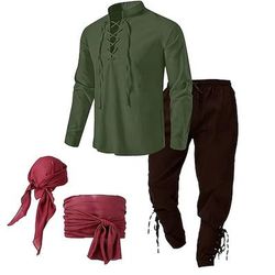 Set Medievale Rinascimento Pantaloni Copricapo Cintura in Vita con accessori Lunghe Pirata Allacciato Tinta unica Costume Per uomo 4 pezzi Costumi da pirata Halloween Carnevale Fiera Rinascimentale