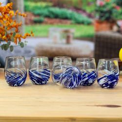 Modern Blue,'6 Modern Handblown Recycled Glass Stemless Wine Glasses'