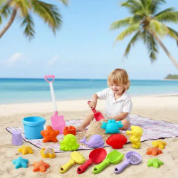 Kids Beach Toys Set 17Pcs Summer Outdoor Sand Box Kit with Bucket Spade Castle and Fish Molds Infant Sand Pit Toys for Baby