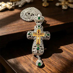 Silver Plated Orthodox Pectoral Cross Necklace with Green Gems for Clergy Liturgy Prayer Devotion Christian Religious Gift Jewel
