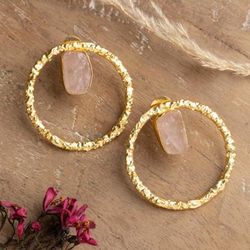Loops of Luxe,'21-Carat Rose Quartz Brass Circular Statement Earrings'