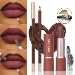 3 In 1 Lip Makeup Kit with Lip Liner,Lipstick&Sharpener, Waterproof Long Lasting Matte Lipstick Set,Silky Contour Lip Cosmetics