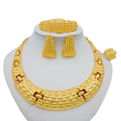 Luxury African Big Necklace For Women Dubai Gold Color Plated Jewelry Set Original Earrings Ring Bracelet Wedding Costumes Set