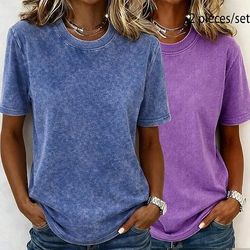 t-shirt da donna softfade™ 100% cotone, maglietta di cotone, top vintage lavati, lavaggio acido, vintage lavato, tinta unita, vintage, moda, elegante, manica corta, girocollo, top lunghi, casual, quotidiano, per uscire, rosaarancione