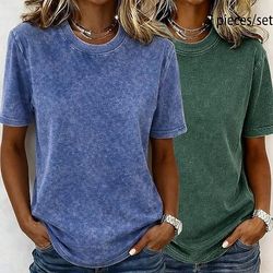 t-shirt da donna softfade™ 100% cotone, maglietta di cotone, top vintage lavati, lavaggio acido, vintage lavato, tinta unita, vintage, moda, elegante, manica corta, girocollo, top lunghi, casual, quotidiano, per uscire, rosaarancione