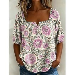 Per donna Blusa Stampato Floreale Grafico Vintage Quotidiano Elegante Mezza Manica Collo quadrato Top Regolari Casuale Quotidiano Blu Bianco Rosa Verde Estate Primavera