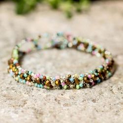 'Brown Pastel-Hued Adjustable Crystal Glass Beaded Bracelet'