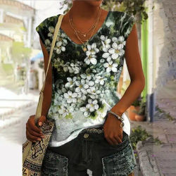 T-shirt à col en V imprimé floral 3D pour femmes, t-shirts personnalisés, haut en fibre, streetwear d'été, nouveau