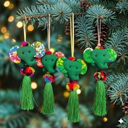 'Elephant-Themed 4-Piece Cotton Blend Ornament Set in Green'