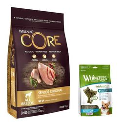 10kg All Breeds Senior Original Dry Dog Food Wellness Core + 28 pieces Soft Size S: for small dogs Dog Snacks Whimzees