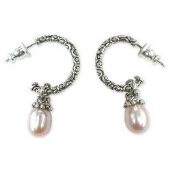 Blushing Rose,'Sterling Silver Cultured Pearl Half Hoop Earrings'