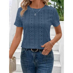 T-shirt d'été à manches courtes et col rond pour femmes, haut amincissant décontracté et polyvalent de couleur unie