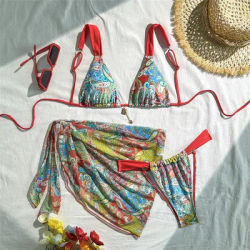 2025 Vintage imprimé 3 pièces Bikini ensemble Mujer maille couverture Ups Sexy maillot de bain femmes Micro string vacances maillots de bain maillot de bain Biquini