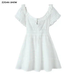 Robe Courte Blanche Broderie Évidée à Oreilles de Chat, Col Rond, Manches Bouffantes, Découpes au Dos, Mini-Robe d'Été pour Femme