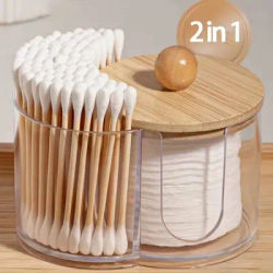 Holder with Dual Compartments - Clear Cotton Swab and Cotton Balls Organizer - Transparent Bathroom Storage Container for Makeup