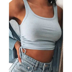 Débardeur froncé sans manches pour femmes, t-shirt solide, décontracté, mode, haut court pour dames, haute rue, cravate, Croptop, Fitness, été