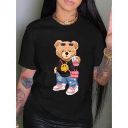 T-shirt imprimé petit ours Cool, haut décontracté à manches courtes et col rond pour l'été et le printemps, vêtements pour femmes