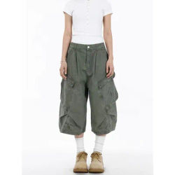 ZHIZOU – short en jean cargo vert rétro américain pour femmes, style Y2K années 2000, denim Harajuku, longueur mollet, streetwear, mode urbaine