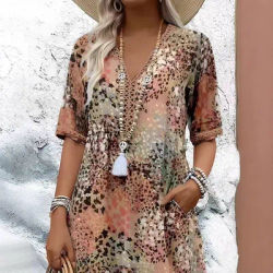 European Floral Lace Trim Dress - V-Neck Short Sleeve New Arrival, Fashion Women's Summer Dress