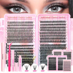 160/640/720pcs DIY Eyelash Extension Kit - False Lashes with Glue, Bond & Applicator, Pre-Made Clusters (10-18mm) for Volume