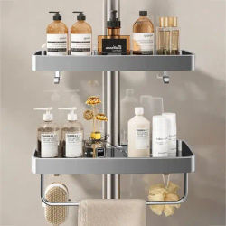 1/2PCS Punch-Free Shower Caddy With Towel Rod Bathroom Shelf Shampoo Soap Holder Shower Tray For Toilet Bathroom Organizer