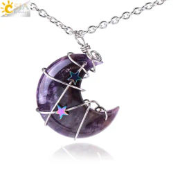 CSJA Crystal Crescent Moon and Star Pendant Necklace Healing Natural Stone Pink Quartz Chakra Necklaces for Women Jewelry H010