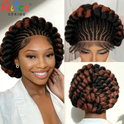 Cornrow Braided Wigs Synthetic Full Lace Colored Bantu Braided Wigs Natural Knotless Braids Wigs with Baby Hair for Black Women