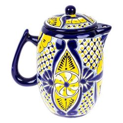Yellow Blooms,'Talavera Style Blue and Yellow Ceramic Coffee Pot'