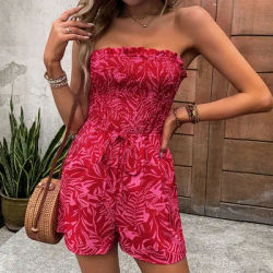 Combinaison d'été imprimée pour femme, sans bretelles, avec lacets, taille haute, jambes larges, sans manches, pour les vacances 63974