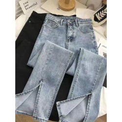 Jean taille haute pour femme, coupe large, avec ourlet asymétrique, en denim délavé vintage, coupe ample